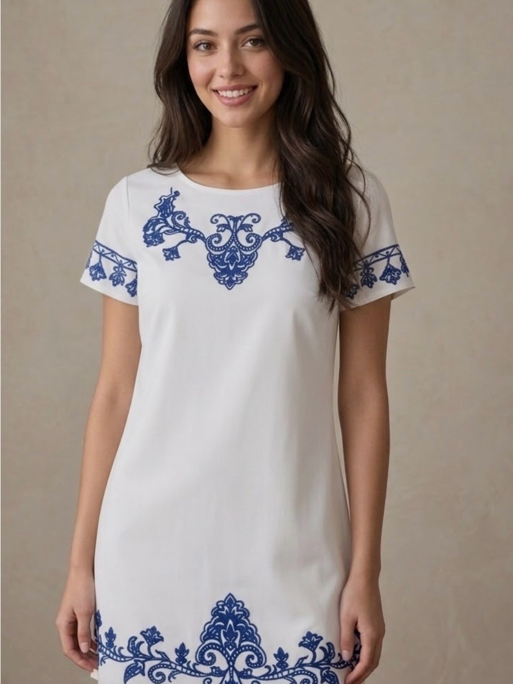Lulus White Blue Embroidered Shift Mini Dress